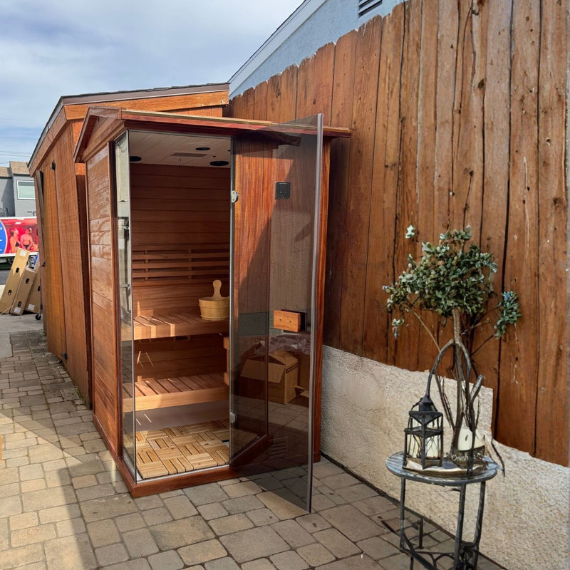 240V 20A high-power home steam sauna with standard NEMA 6-20P & NEMA 6-20R electrical plugs, overheat protection relay switch and dedicated drip tray under heater to collect excess water