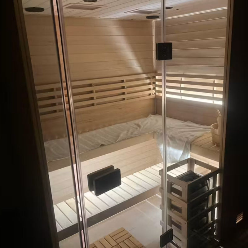 Premium outdoor solid wood steam sauna equipped with powerful 3800W heating unit, built-in dual Bluetooth speakers for private home spa wellness