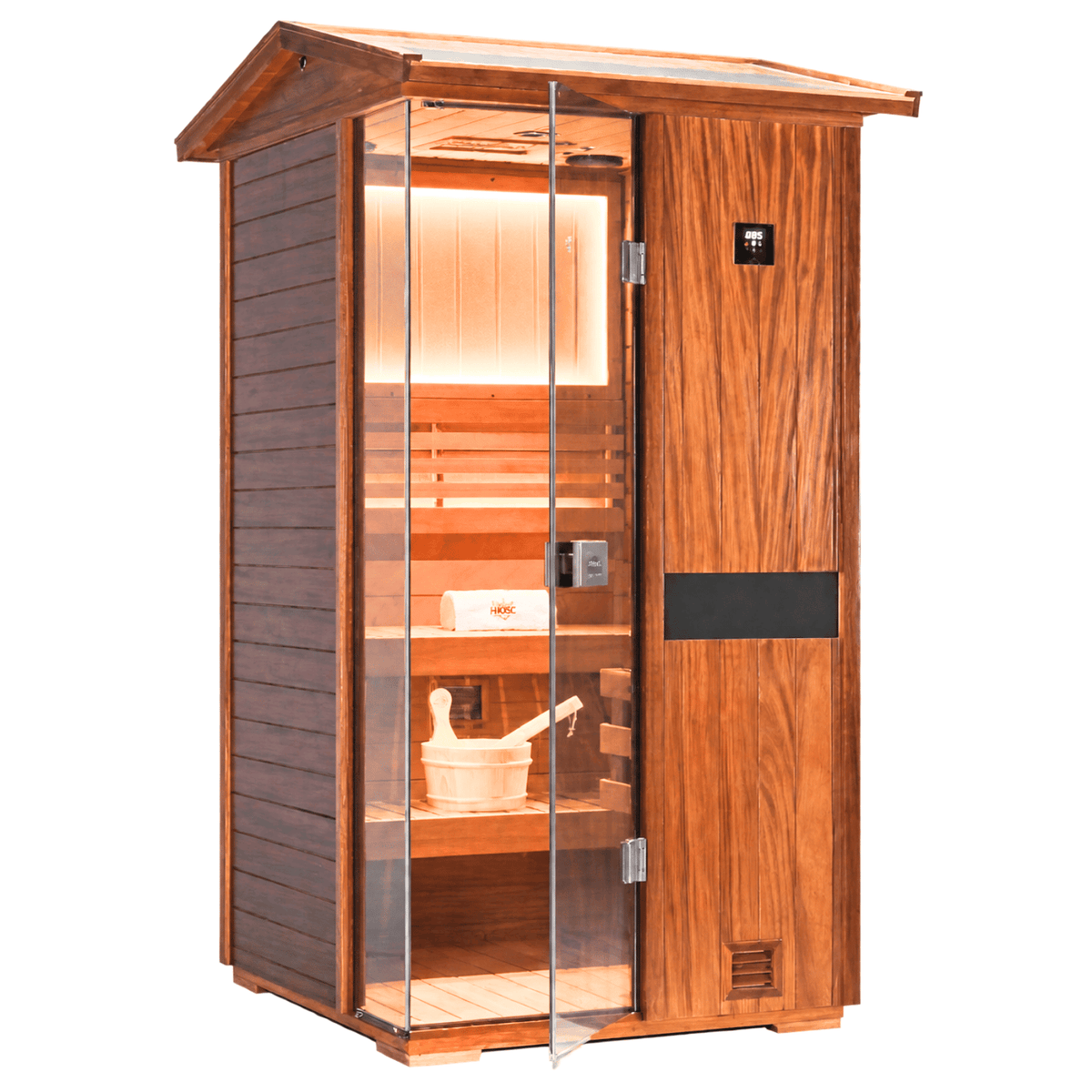 HKXSC 701VT 1-person outdoor sauna featuring 660nm red light therapy for skin recovery