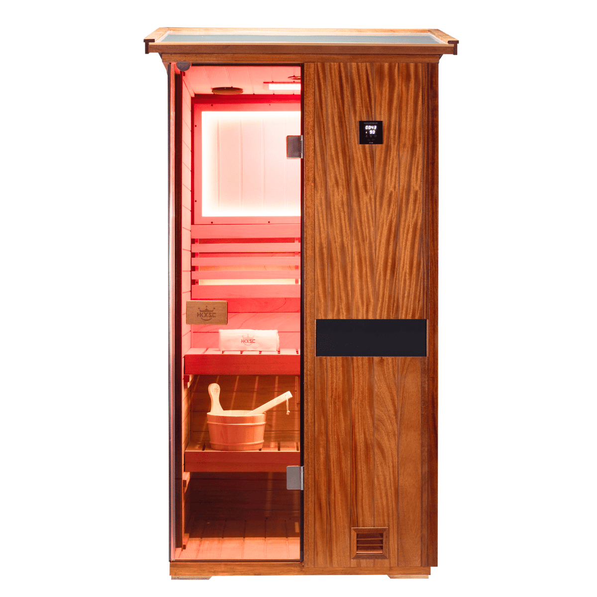 HKXSC 701VT interior view with African Mahogany bench and negative ion panel close-up
