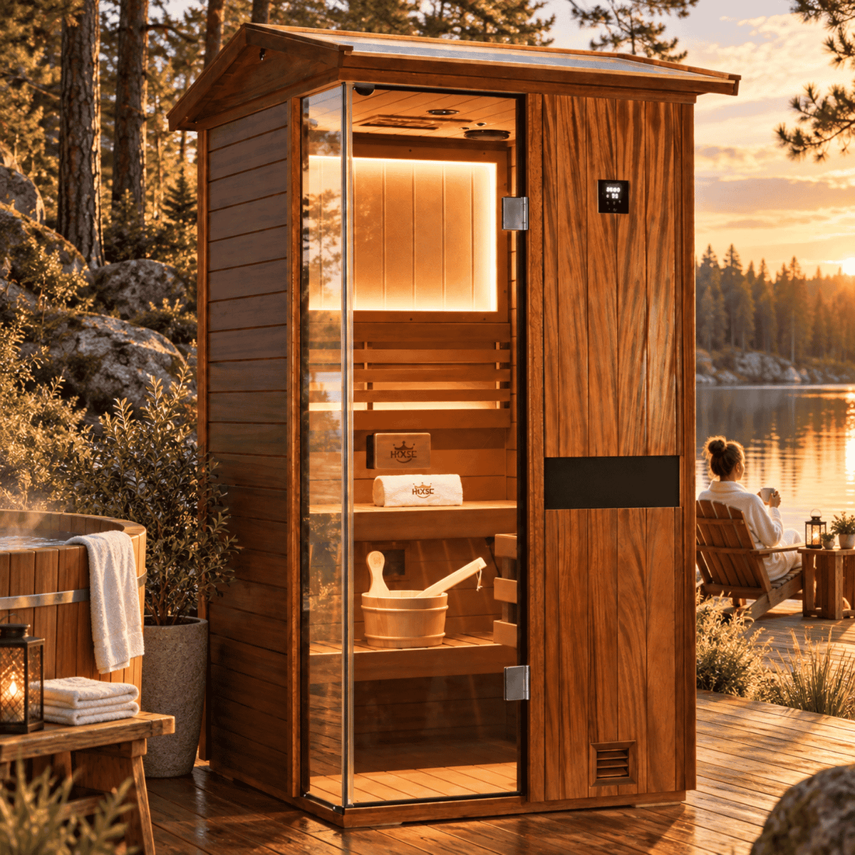 HKXSC 701VT 1-person outdoor African Mahogany steam sauna with V-roof and negative ion panel