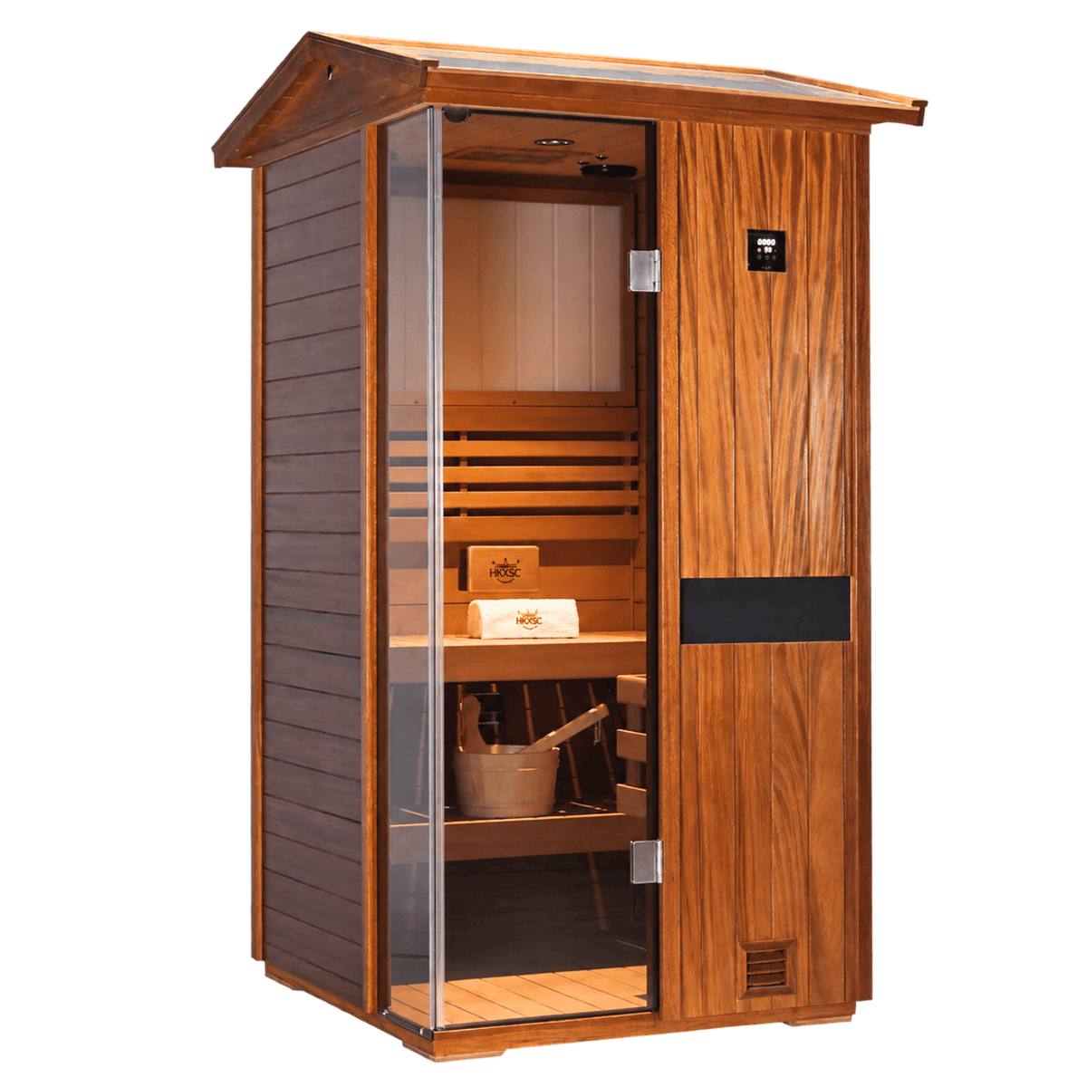 HKXSC 701VT 1-person outdoor African Mahogany sauna assembly with modular panel construction