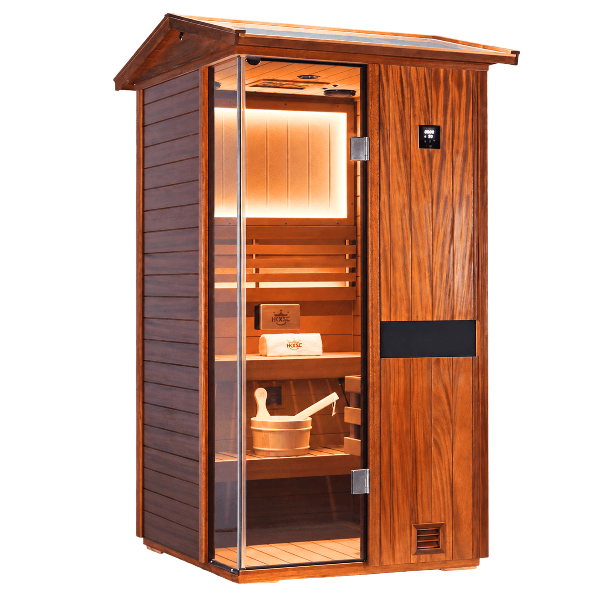 HKXSC 701VT outdoor sauna with oil-wax weather protection on African Mahogany panels