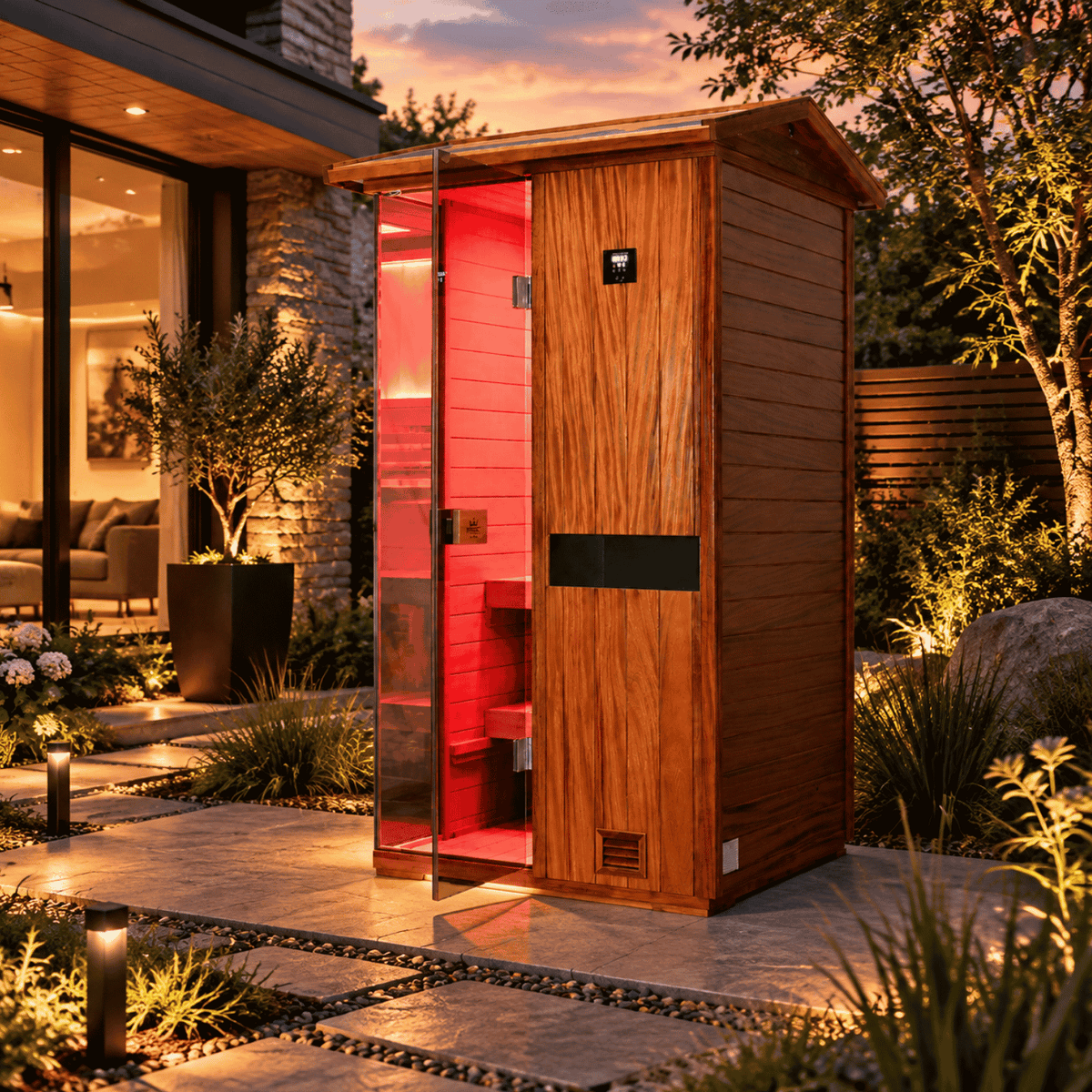 HKXSC 701VT 1-person outdoor African Mahogany sauna in private backyard relaxation setting