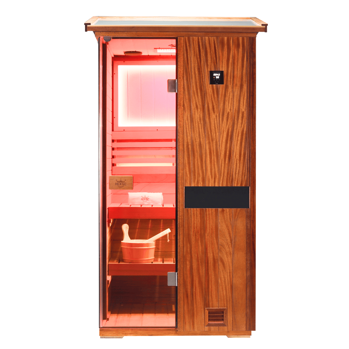 HKXSC 701VT 1-person outdoor steam sauna in private backyard relaxation setting