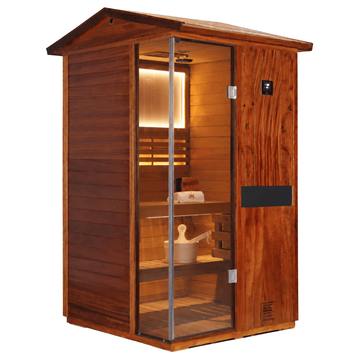 HKXSC 702VT interior view showing African Mahogany dual benches and negative ion panel