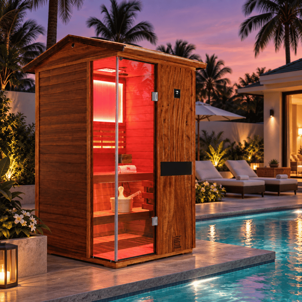 HKXSC 702VT 2-person outdoor sauna featuring African Mahogany grain and oil-wax coated V-roof for all-weather use