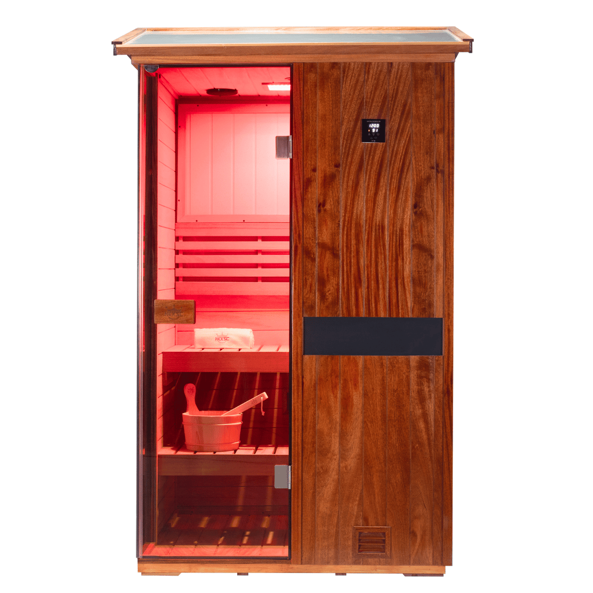 HKXSC 702VT Aurora 2-person outdoor African Mahogany steam sauna with V-roof design
