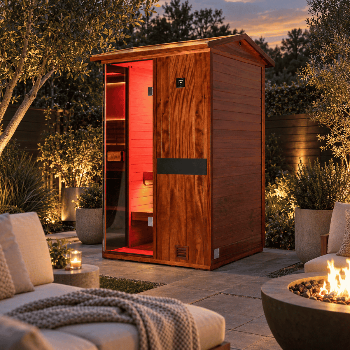 HKXSC 702VT 2-person outdoor mahogany sauna for couples in backyard spa environment