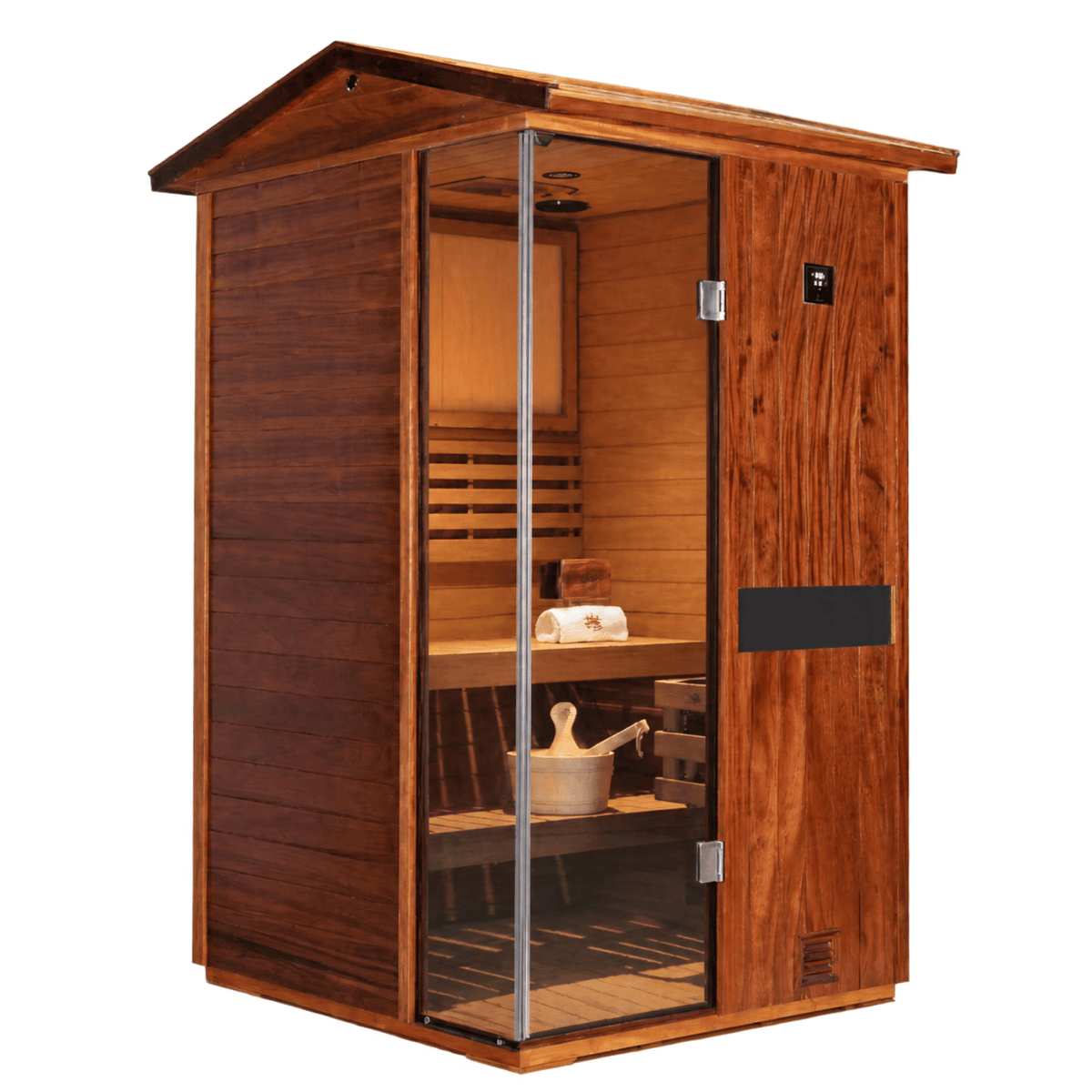 HKXSC 702VT outdoor mahogany sauna with oil-wax weather protection for long-term durability