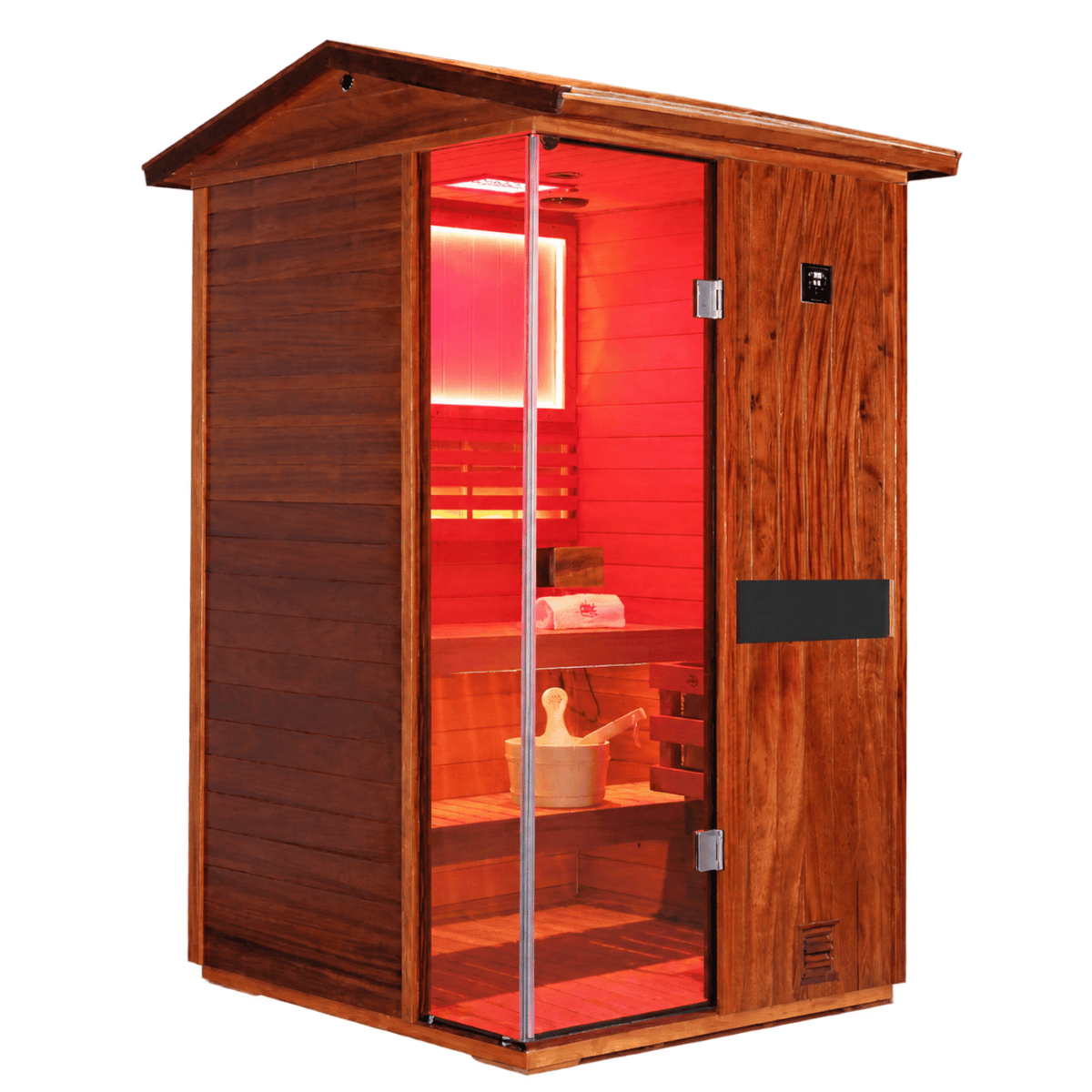 HKXSC 702VT 2-person outdoor African Mahogany sauna with V-roof weatherproof drainage