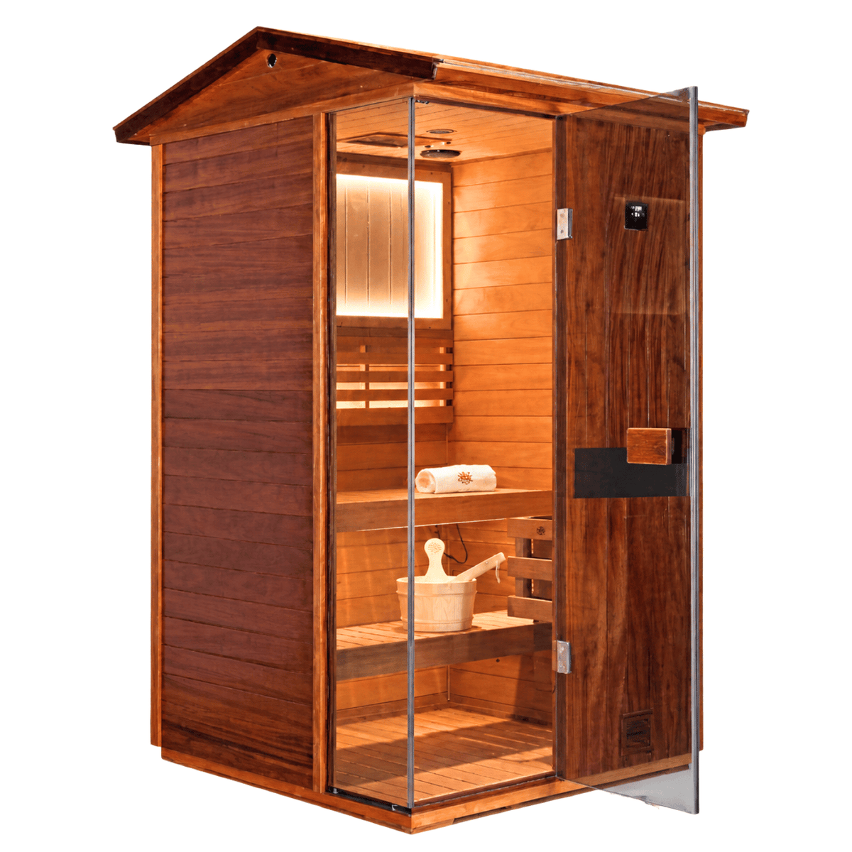 HKXSC 702VT 660nm red light therapy panel detail inside outdoor 2-person mahogany sauna