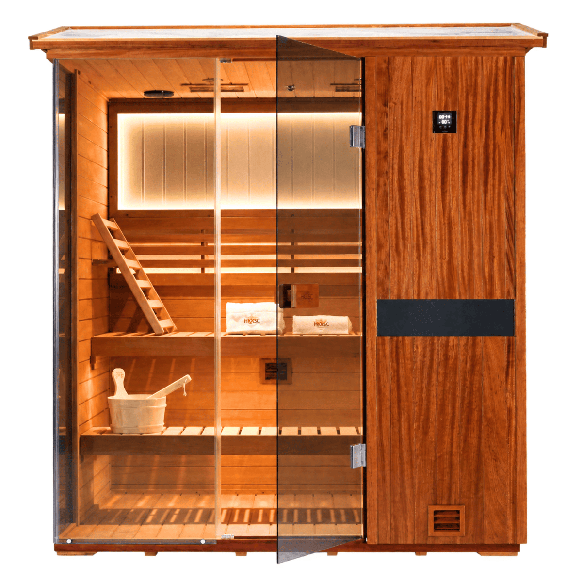 HKXSC 703VT interior view showing African Mahogany benches and negative ion panel