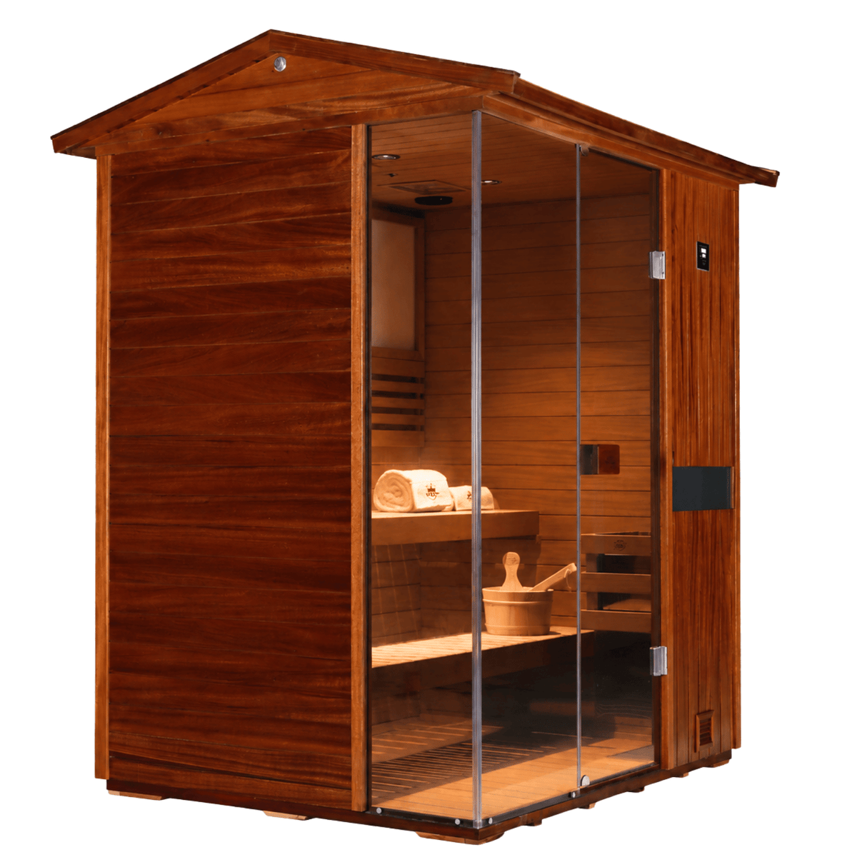 HKXSC 703VT outdoor mahogany sauna V-roof close-up showing weather-resistant construction