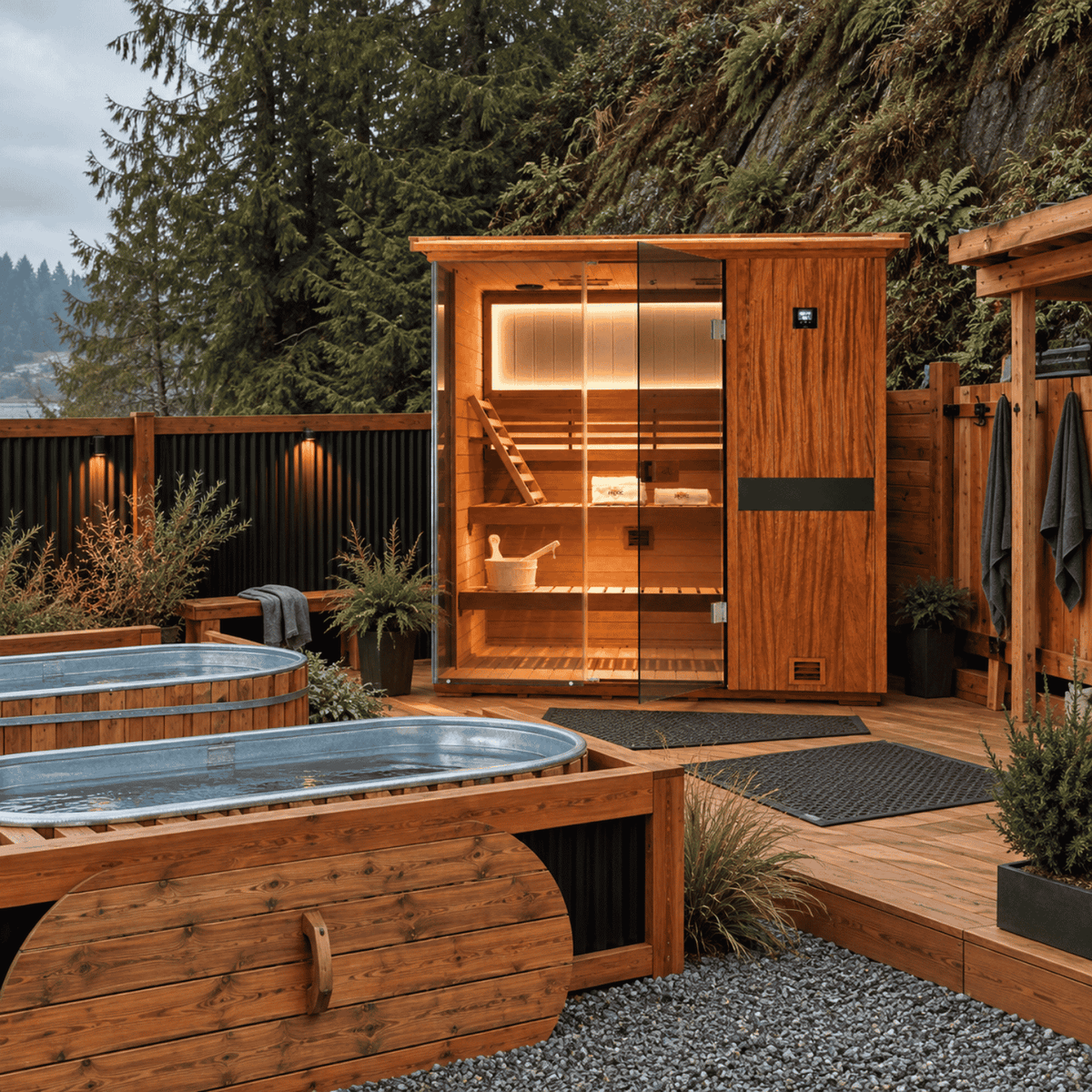 HKXSC 703VT 3-person outdoor sauna with African Mahogany grain and oil-wax V-roof for all-season durability