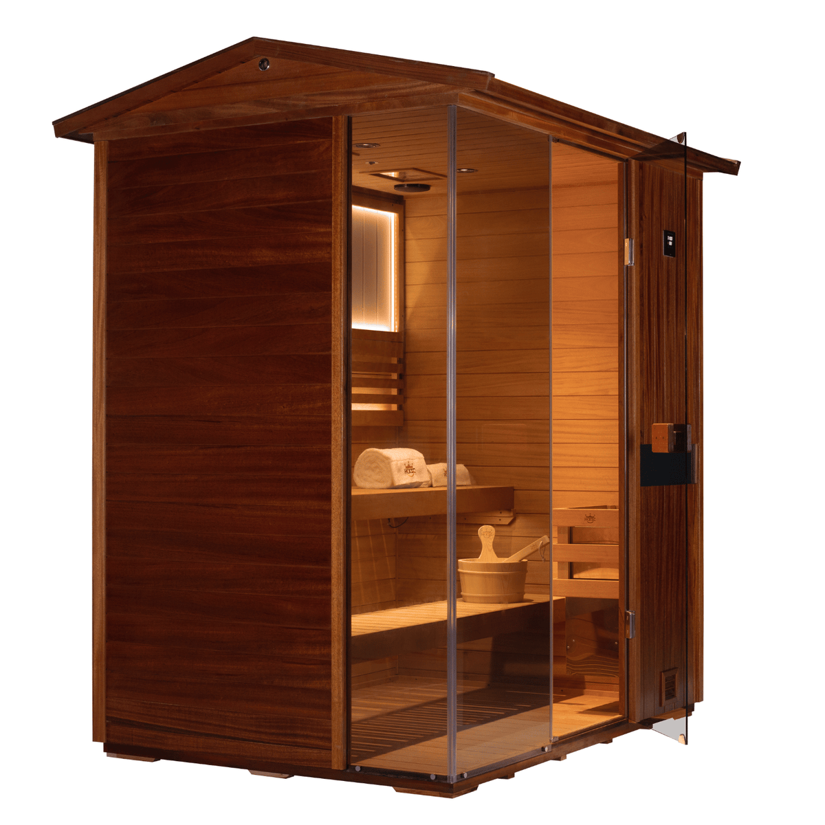 HKXSC 703VT 3-person outdoor steam sauna assembly overview with mahogany panel construction