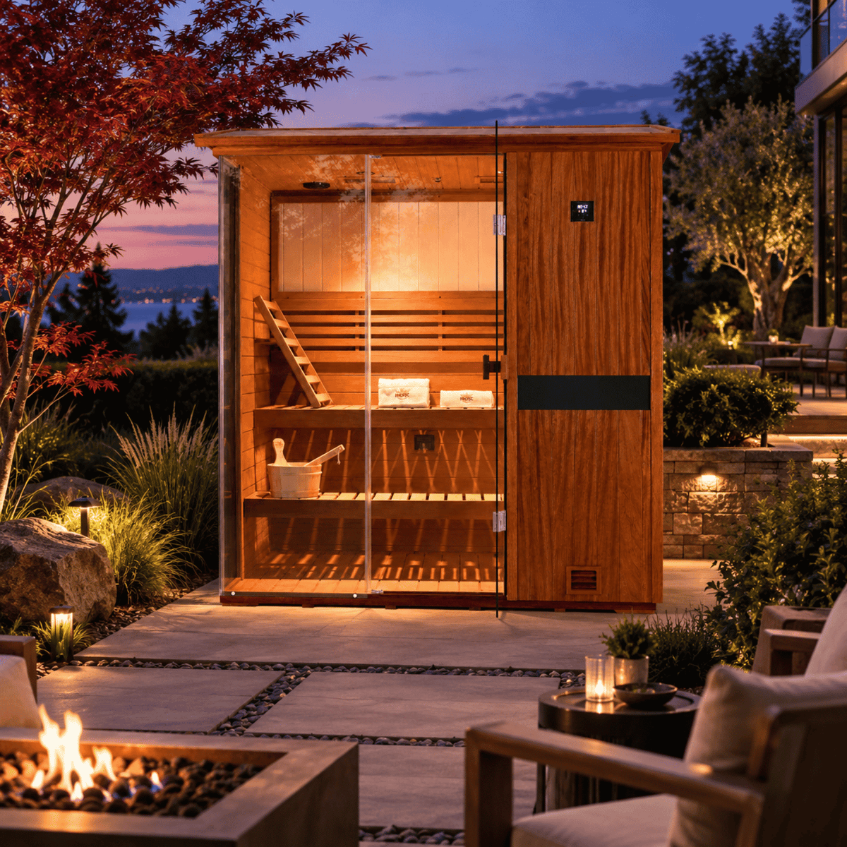 HKXSC 703VT 3-person outdoor African Mahogany sauna in family backyard wellness setting