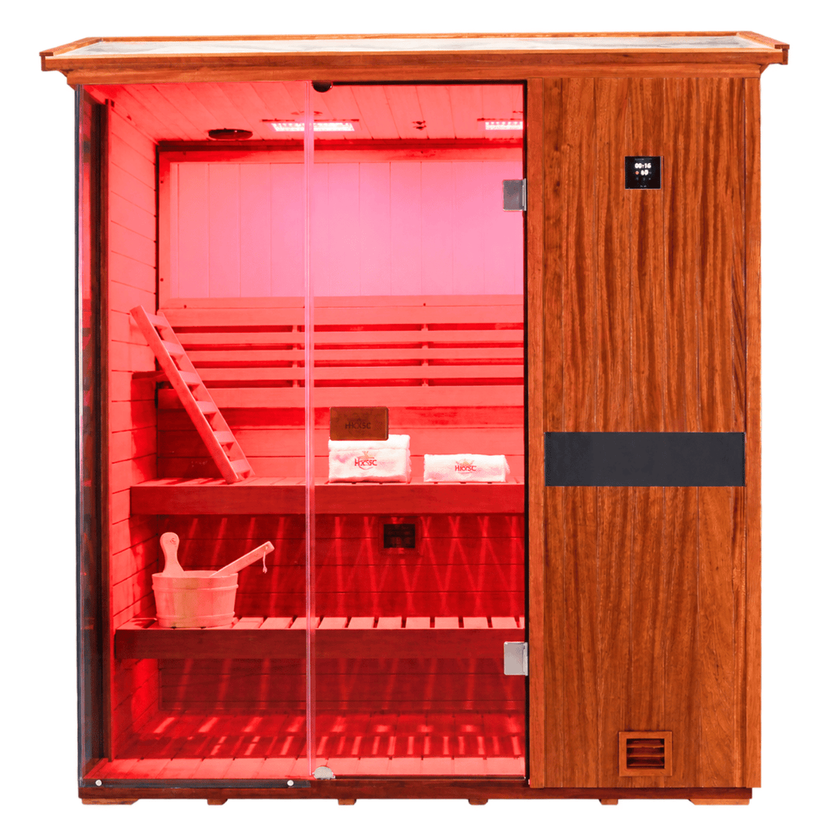 HKXSC 703VT 3-person outdoor steam sauna in natural backyard setting