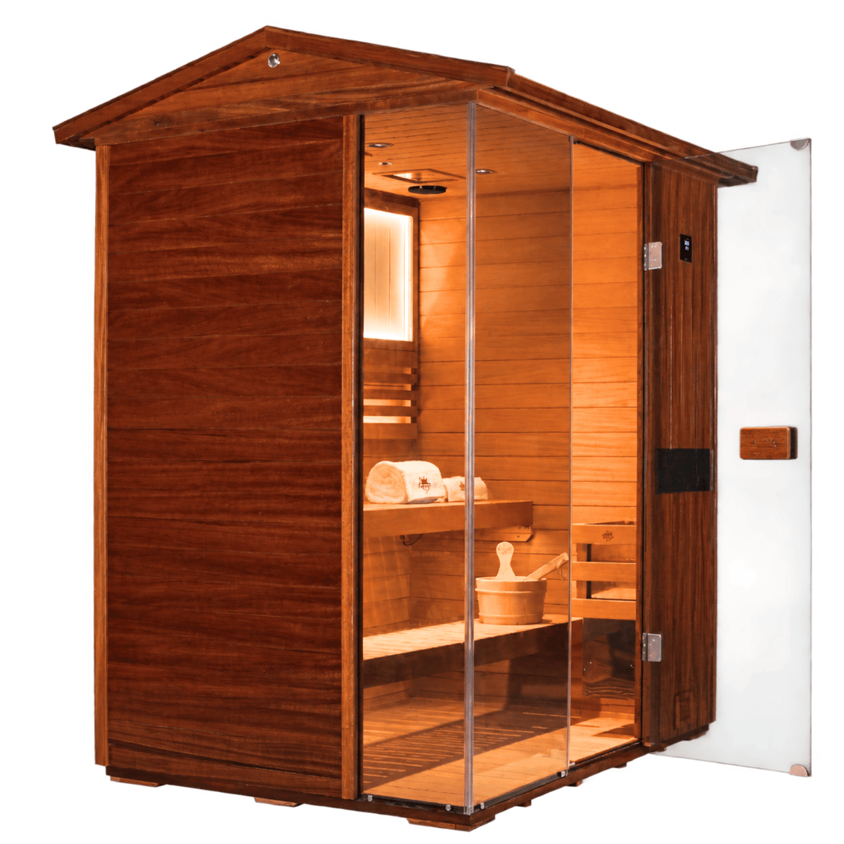 HKXSC 703VT 3-person outdoor African Mahogany sauna for couple and family steam sessions