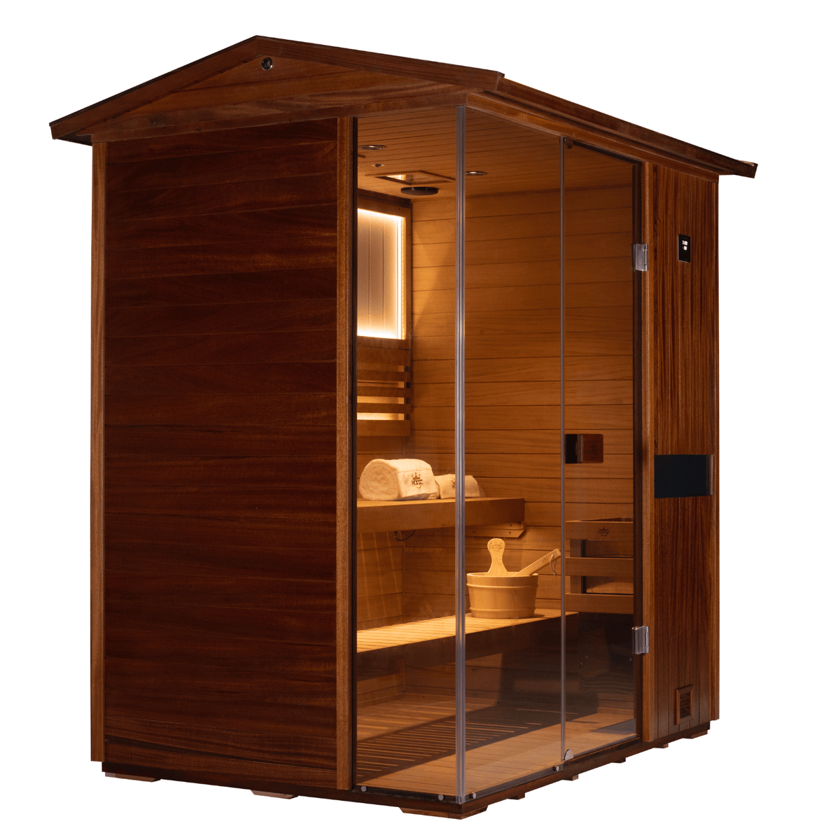 HKXSC 703VT outdoor sauna with V-roof for effective rainwater drainage and weather protection
