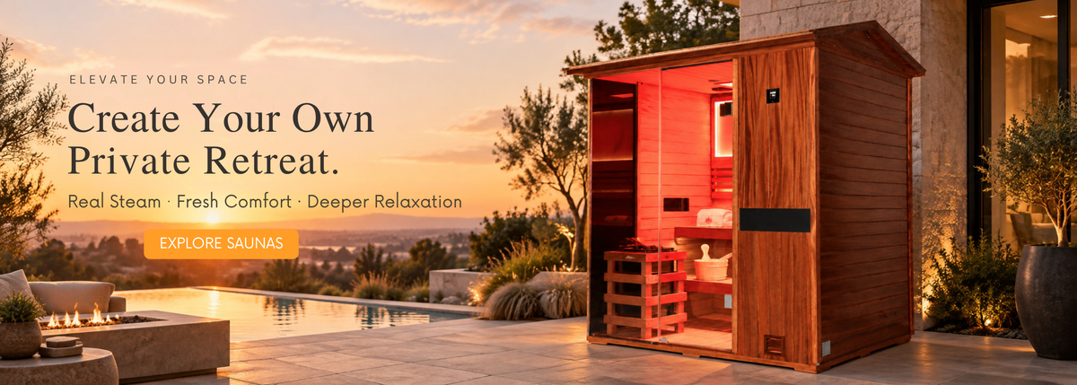 HKXSC 704VT outdoor sauna banner featuring V-roof design and 4-person group steam therapy scene