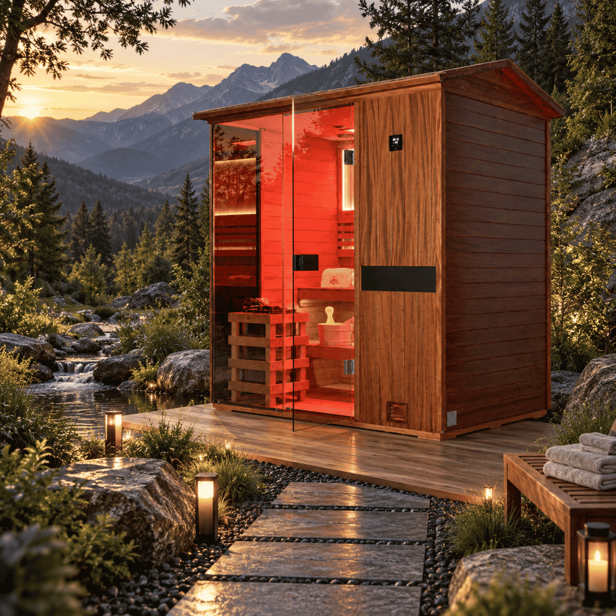 HKXSC 704VT 4-person outdoor mahogany sauna as backyard group spa and wellness retreat