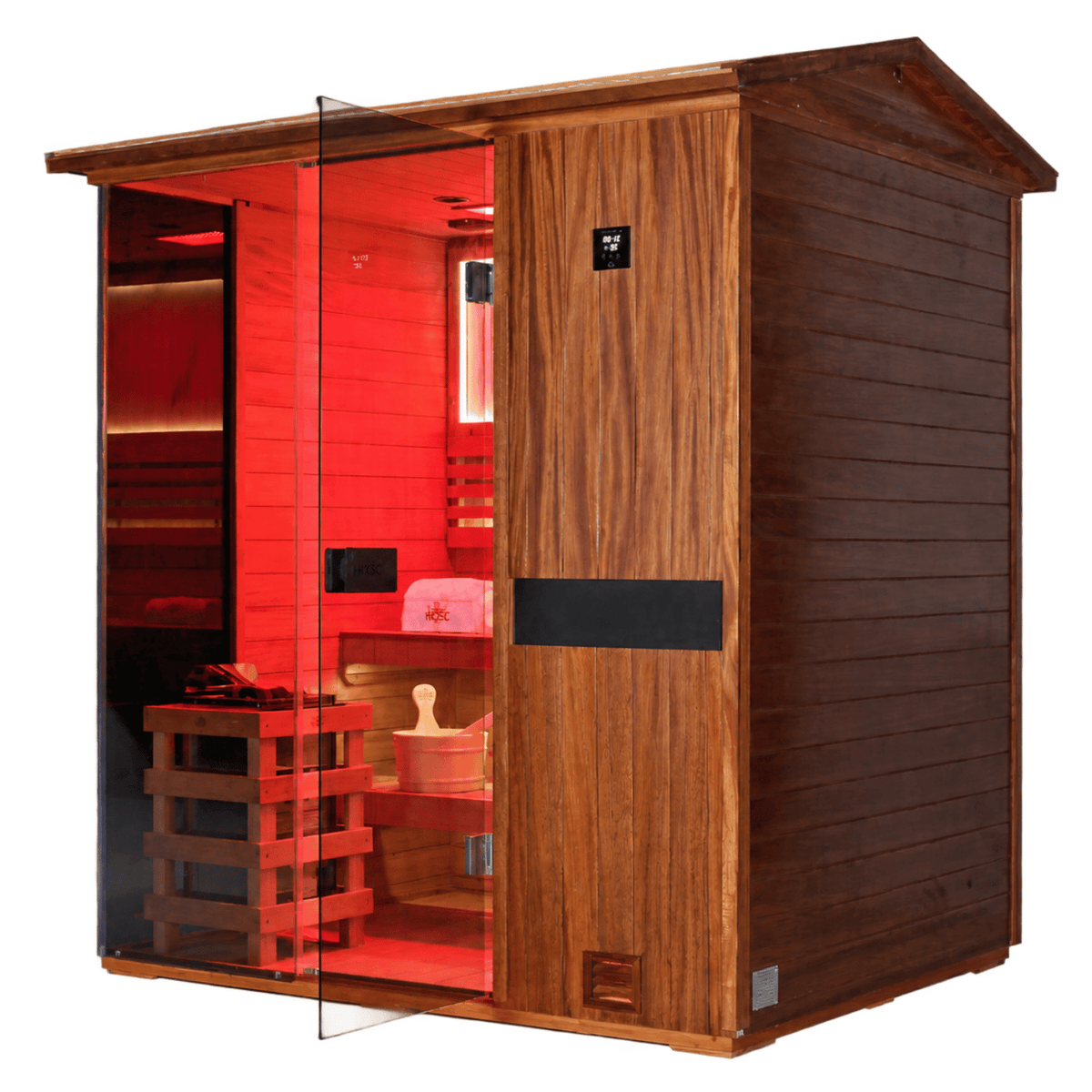HKXSC 704VT 4-person outdoor African Mahogany sauna for group wellness and steam therapy