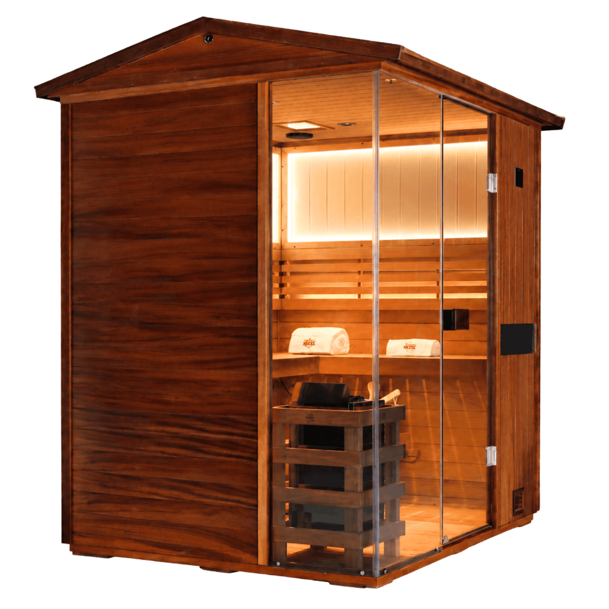 HKXSC 704VT outdoor mahogany sauna V-roof structure showcasing weather-resistant drainage