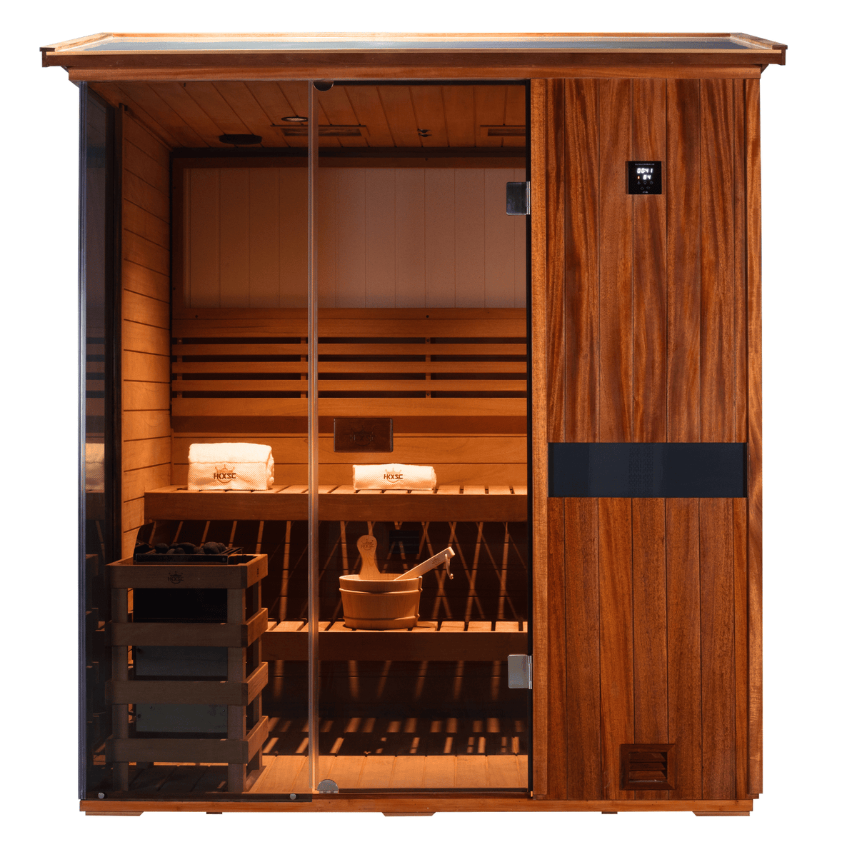 HKXSC 704VT 660nm red light therapy panel close-up inside outdoor 4-person mahogany sauna