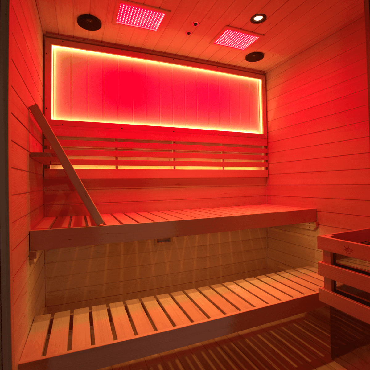 HKXSC 703SHU indoor sauna with water-based clear finish on Canadian Hemlock panels