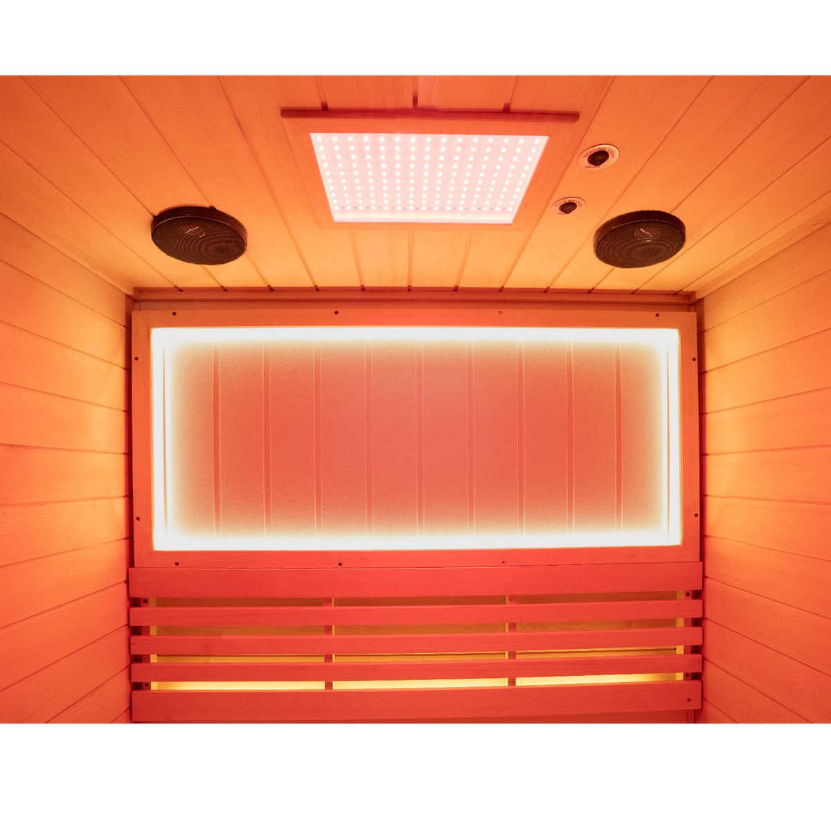 HKXSC 702SH indoor Canadian Hemlock sauna interior with bench and negative ion panel