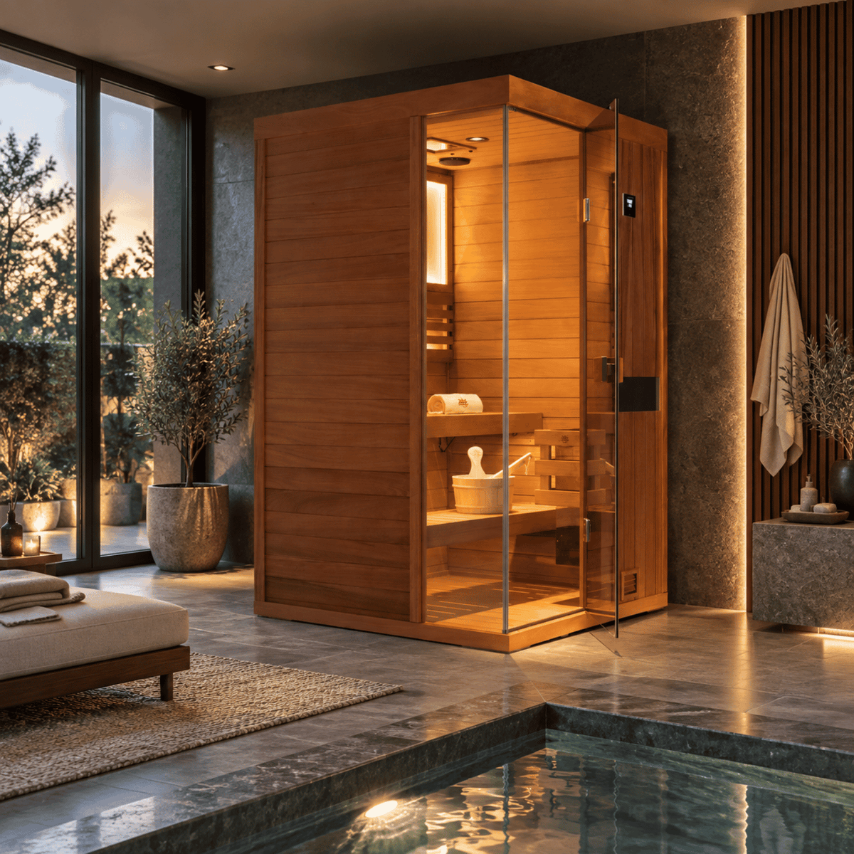 HKXSC 702ST 2-person indoor sauna with negative ion purification and mahogany finish