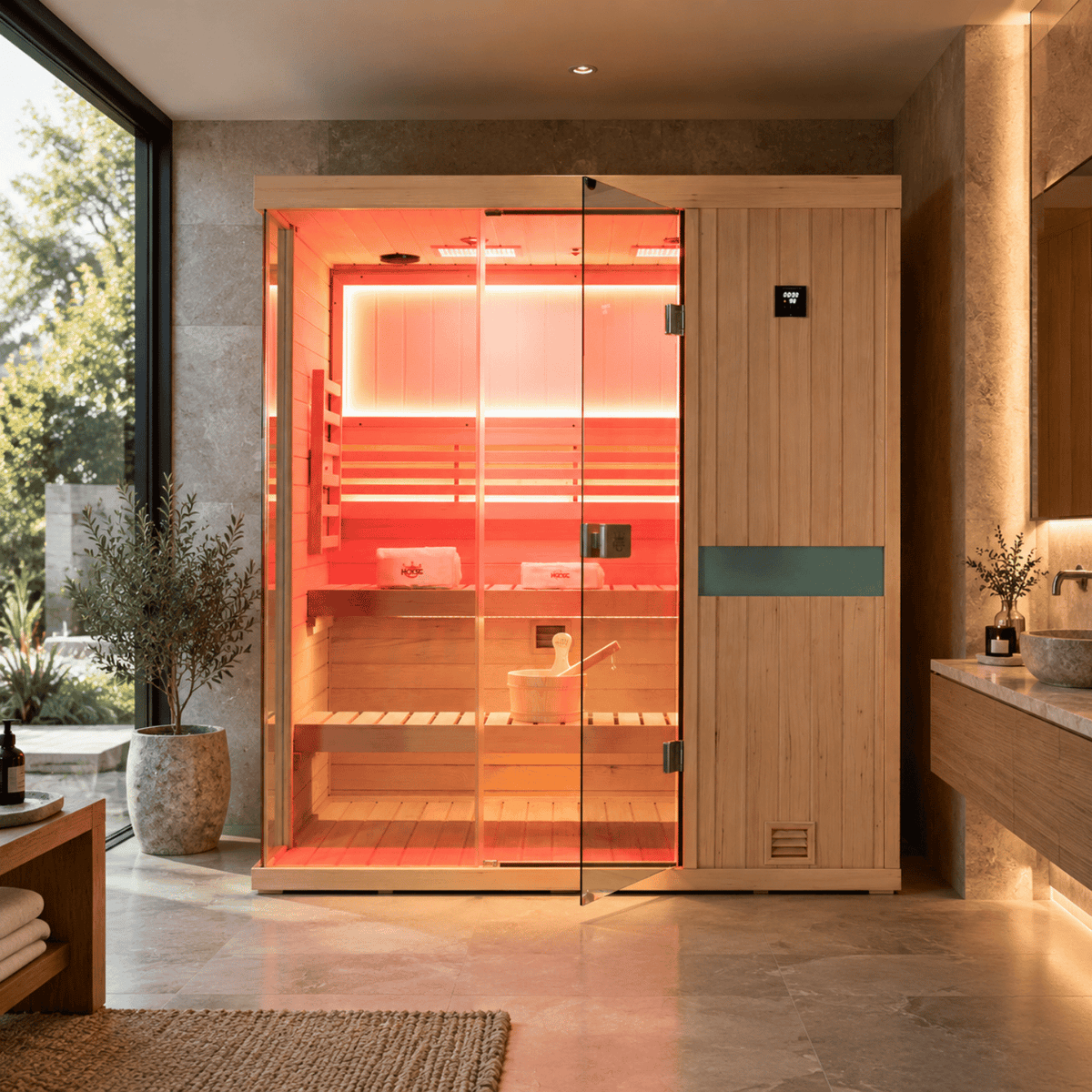HKXSC 703SH indoor Hemlock sauna with negative ion panel and 660nm red light therapy