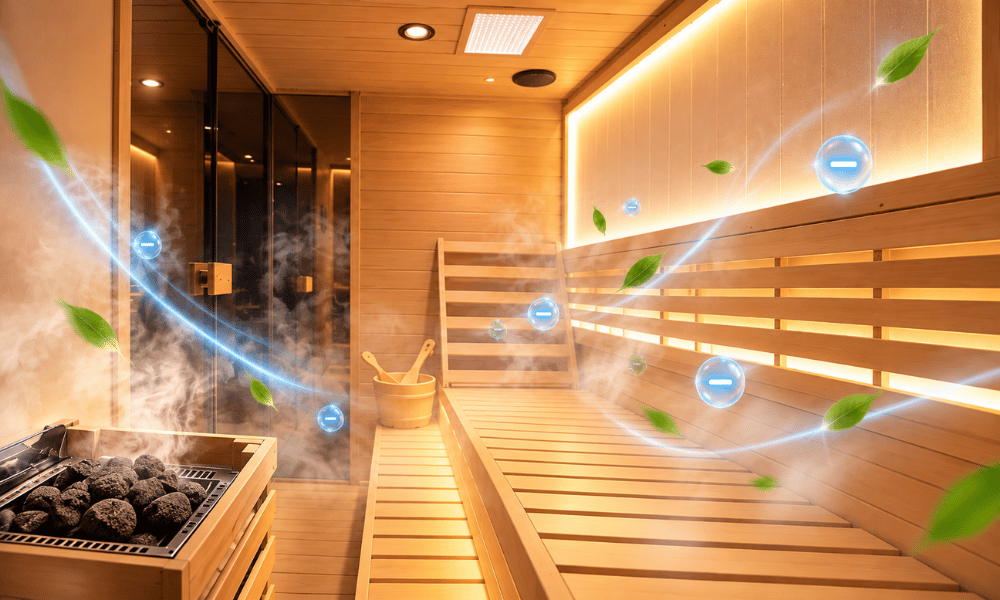 HKXSC sauna feature detail highlighting the negative-ion panel incorporated into the cabin interior