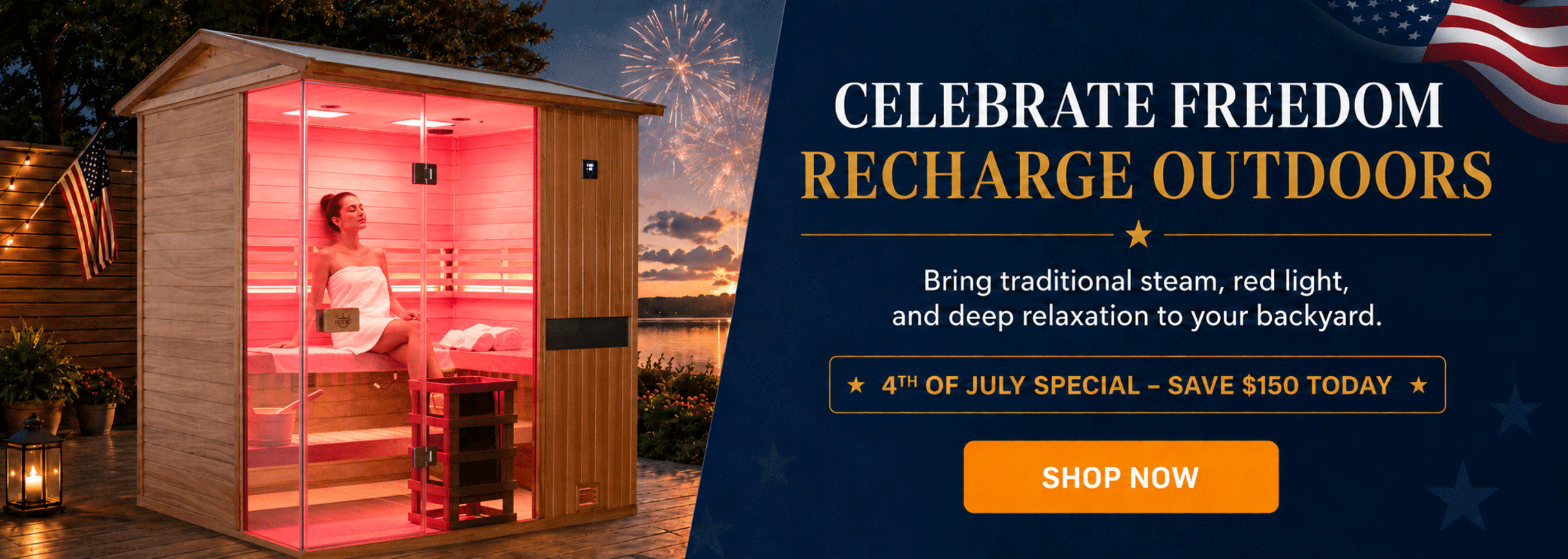 Celebrate Independence Day with the HKXSC 704VT outdoor steam sauna — perfect for 4-person family wellness gatherings this July
