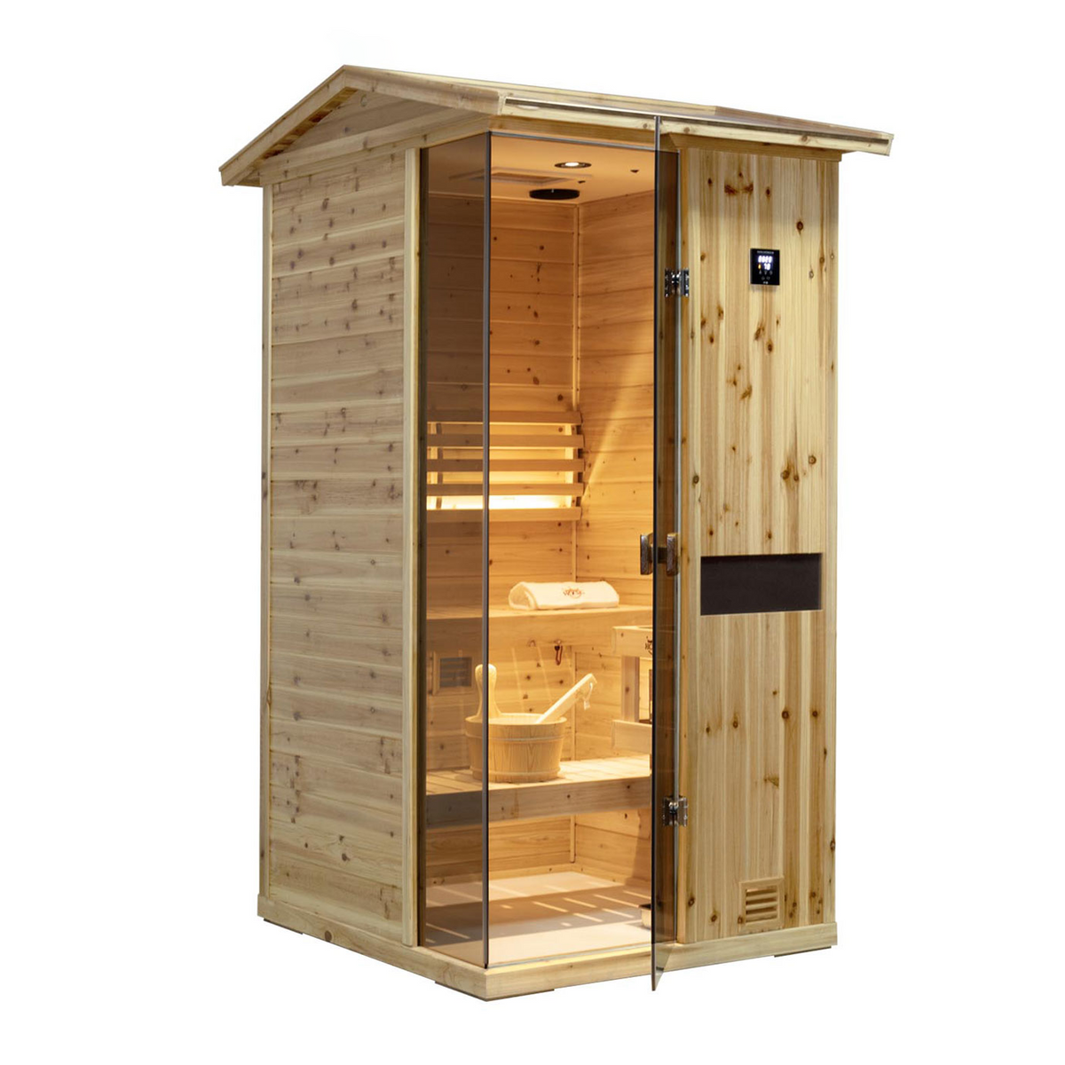 HKXSC 701VS 1-person outdoor US Fir Wood sauna with V-roof drainage and negative ion panel