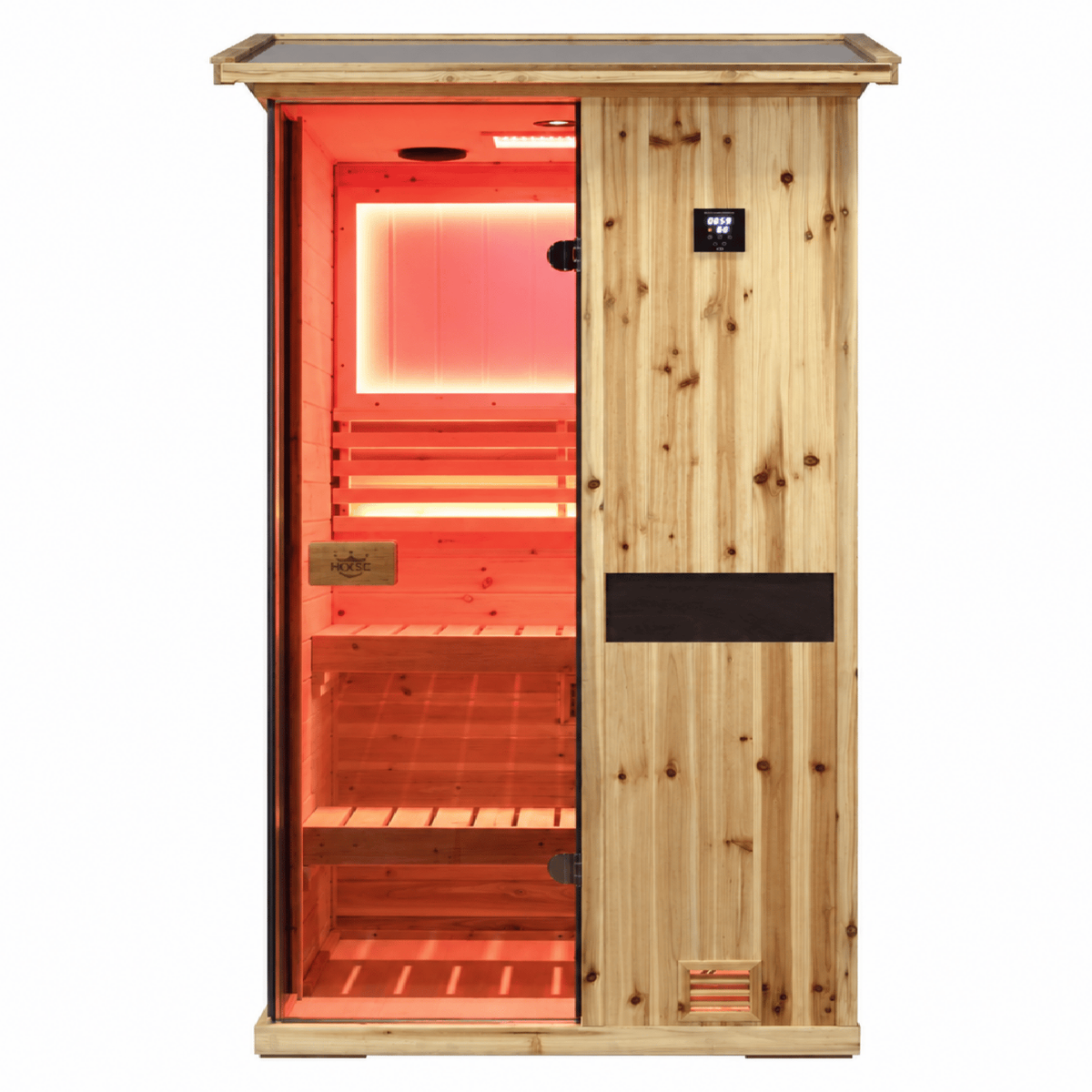 HKXSC 701VS Solid 1-person outdoor US Fir Wood steam sauna with V-roof and negative ion panel