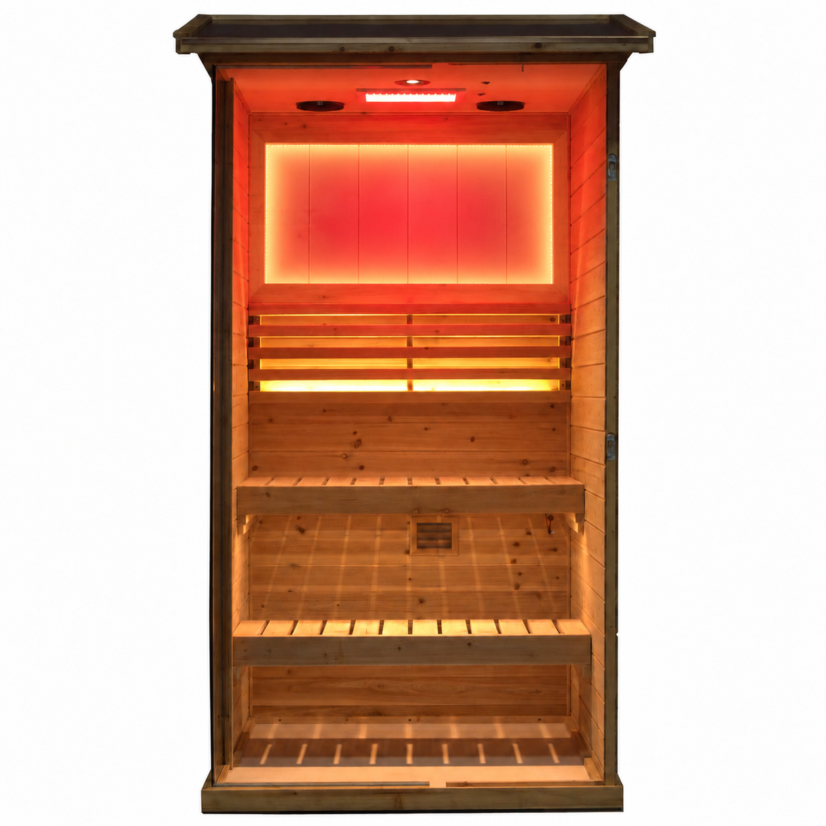 HKXSC 701VS outdoor solo sauna crafted from US Fir Wood with oil-wax finish for all-weather use