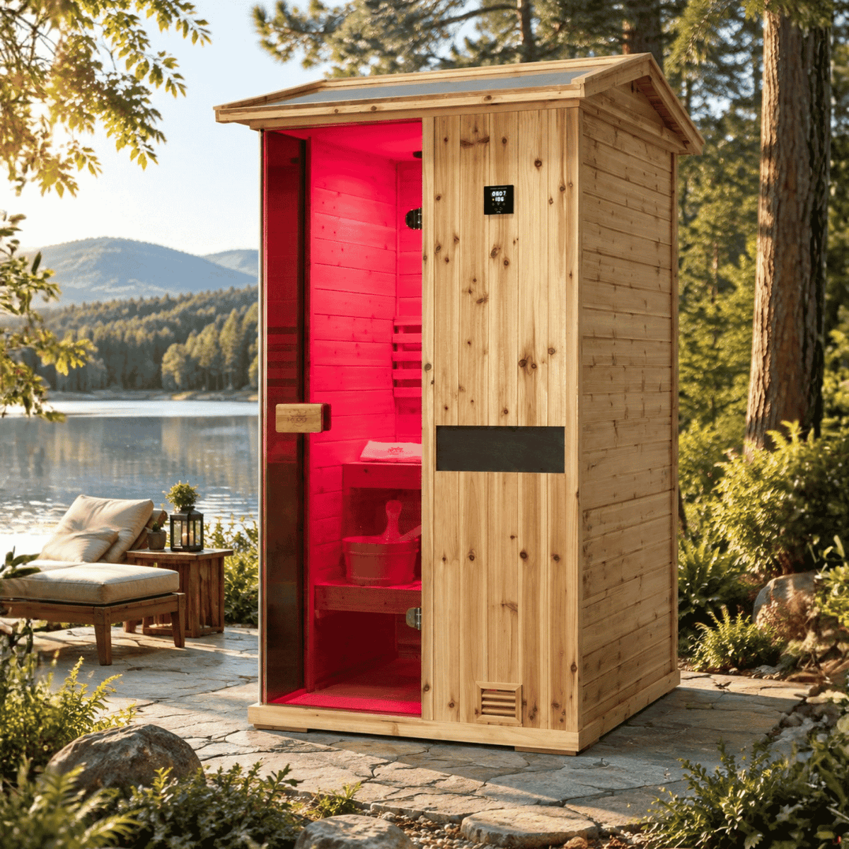 HKXSC 701VS solo outdoor US Fir Wood steam sauna with 660nm red light therapy for personal wellness