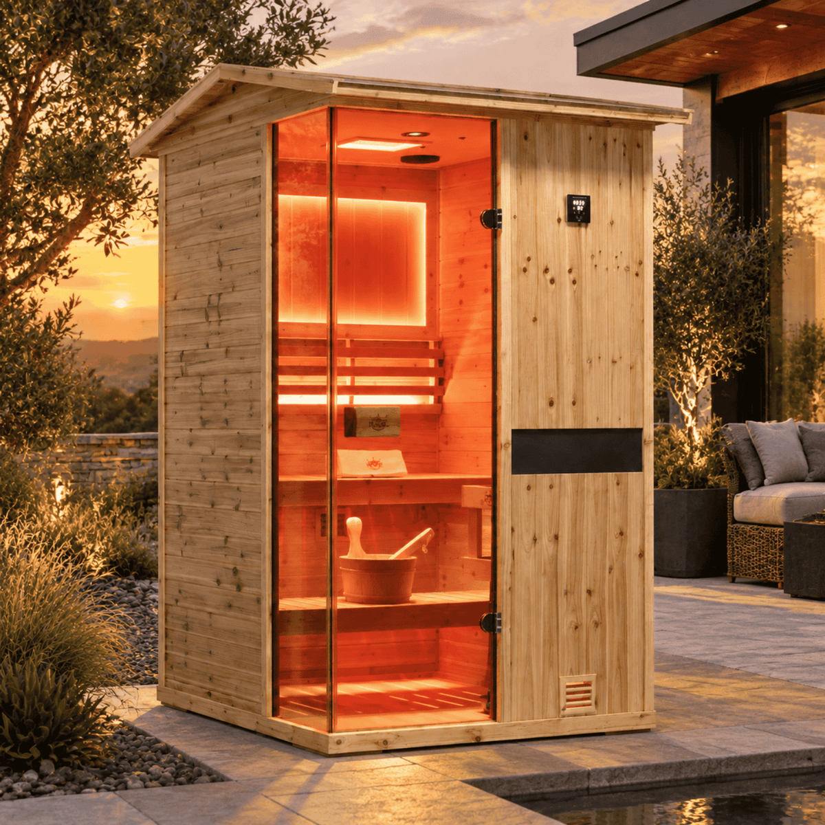 HKXSC 702VS 2-person outdoor US Fir Wood steam sauna with V-roof and negative ion panel