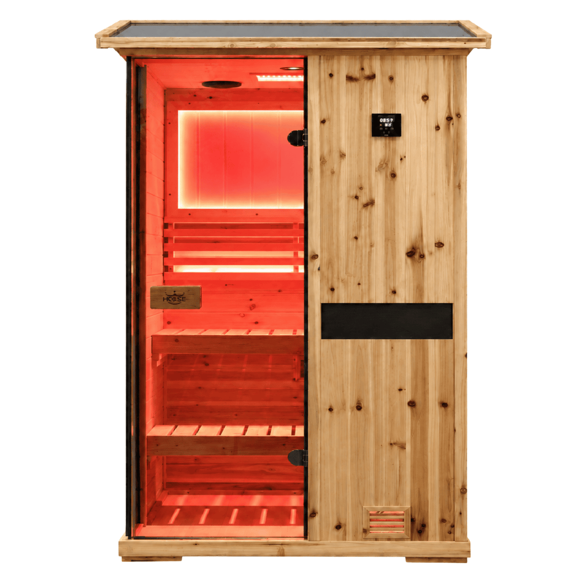HKXSC 702VS 2-person outdoor US Fir Wood steam sauna with 660nm red light and V-roof design