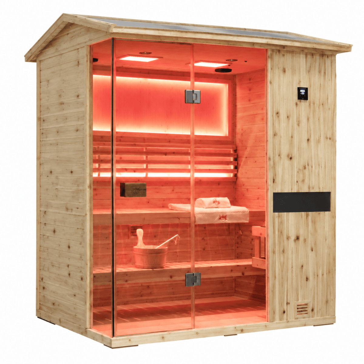HKXSC 703VS 3-person outdoor US Fir Wood steam sauna with V-roof and negative ion panel
