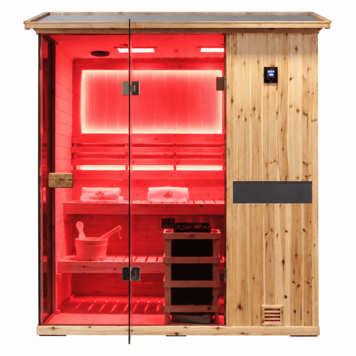 HKXSC 704VS Solid 4-person outdoor US Fir Wood sauna with V-roof and 660nm red light therapy